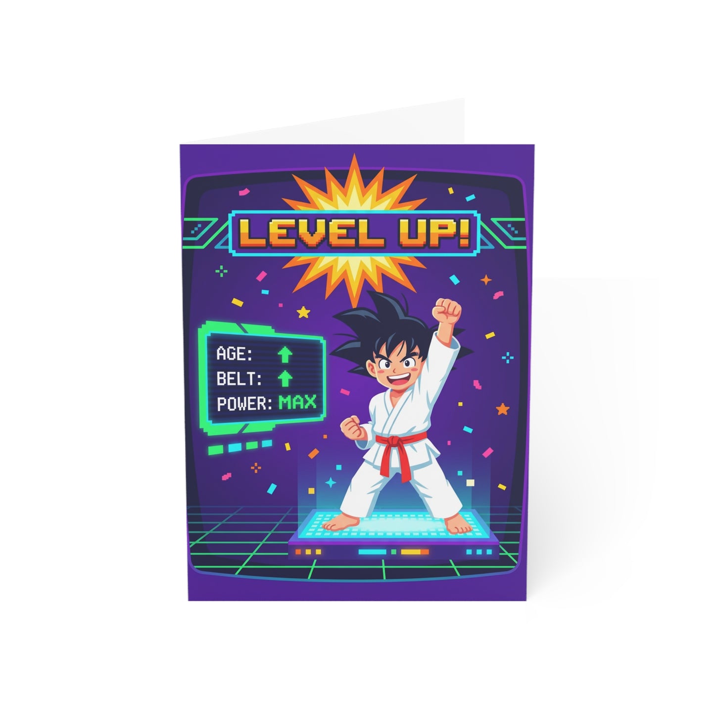 Level Up martial arts birthday card for kids - retro video game style - young martial artist on victory podium