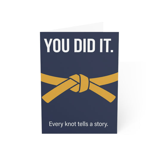 You Did It martial arts belt promotion greeting card - gold belt knot on navy - congratulations card for belt test