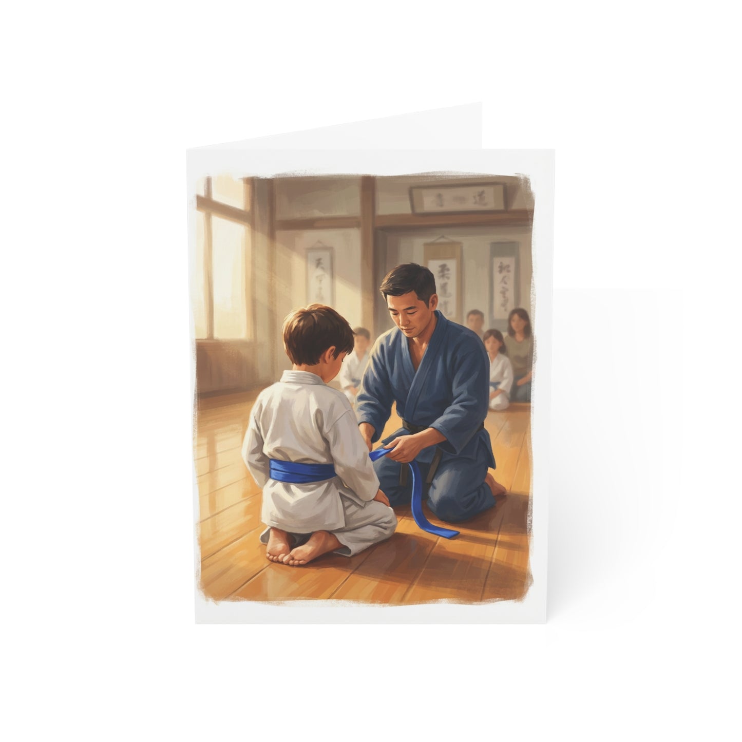 The Belt Ceremony martial arts belt promotion card - instructor tying belt on student - congratulations