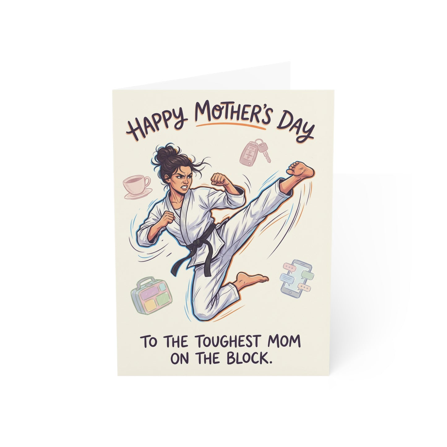 Toughest Mom on the Block martial arts Mothers Day card - mom doing spinning back kick - karate mom card