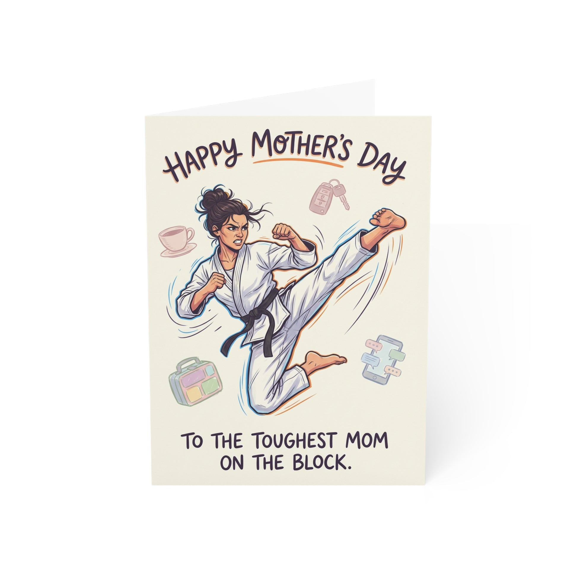 Toughest Mom on the Block martial arts Mothers Day card - mom doing spinning back kick - karate mom card