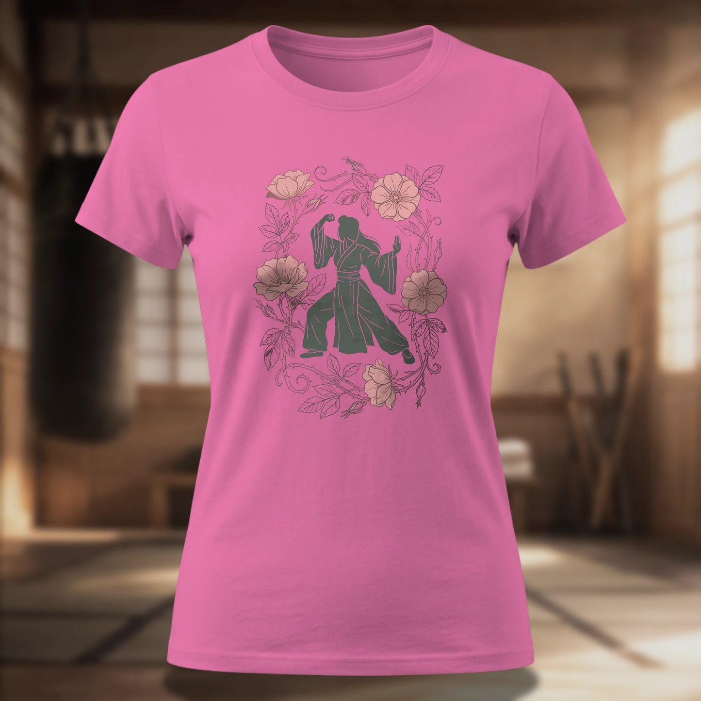Rose Fighter Women's Tee — Floral Martial Arts Silhouette