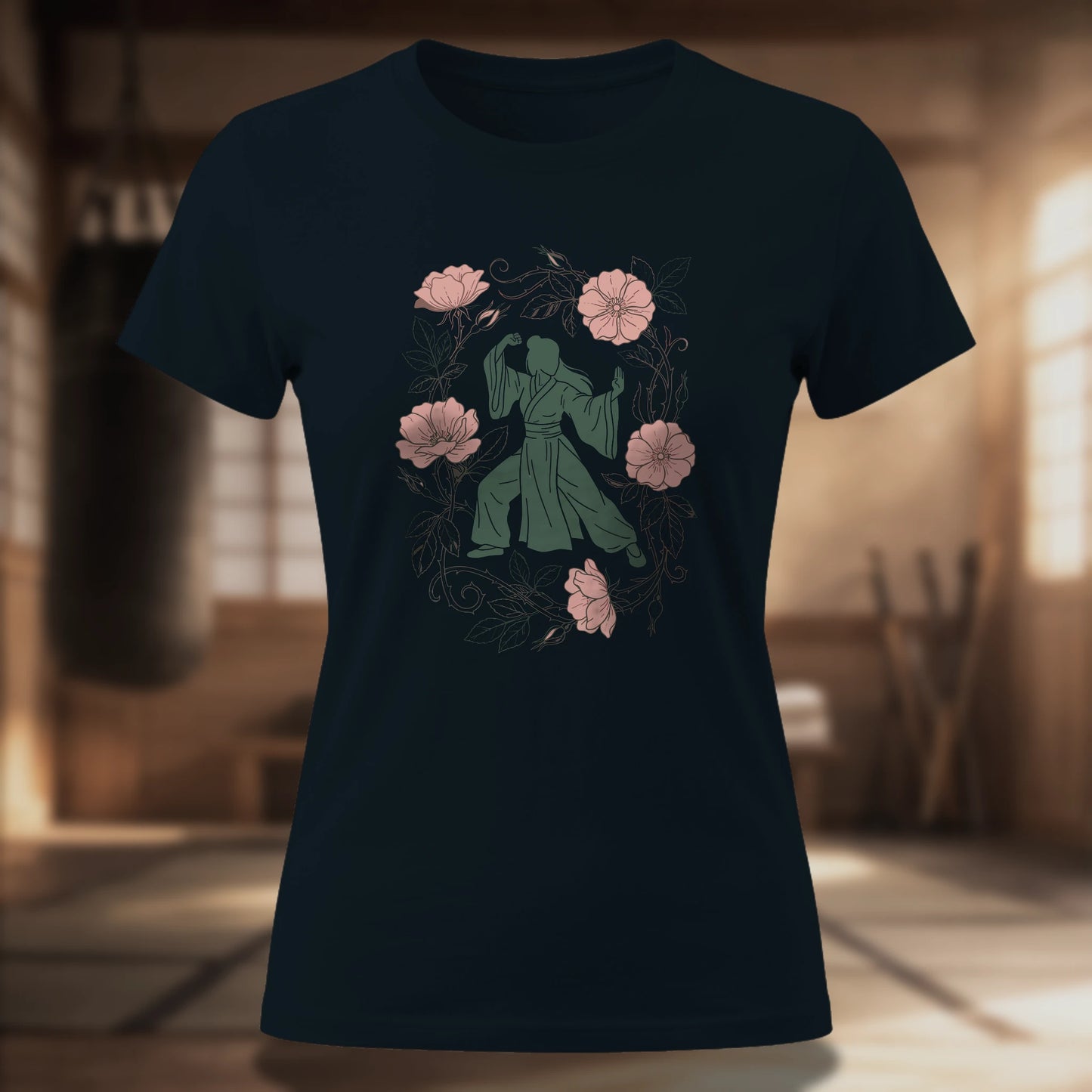 Rose Fighter Women's Tee — Floral Martial Arts Silhouette