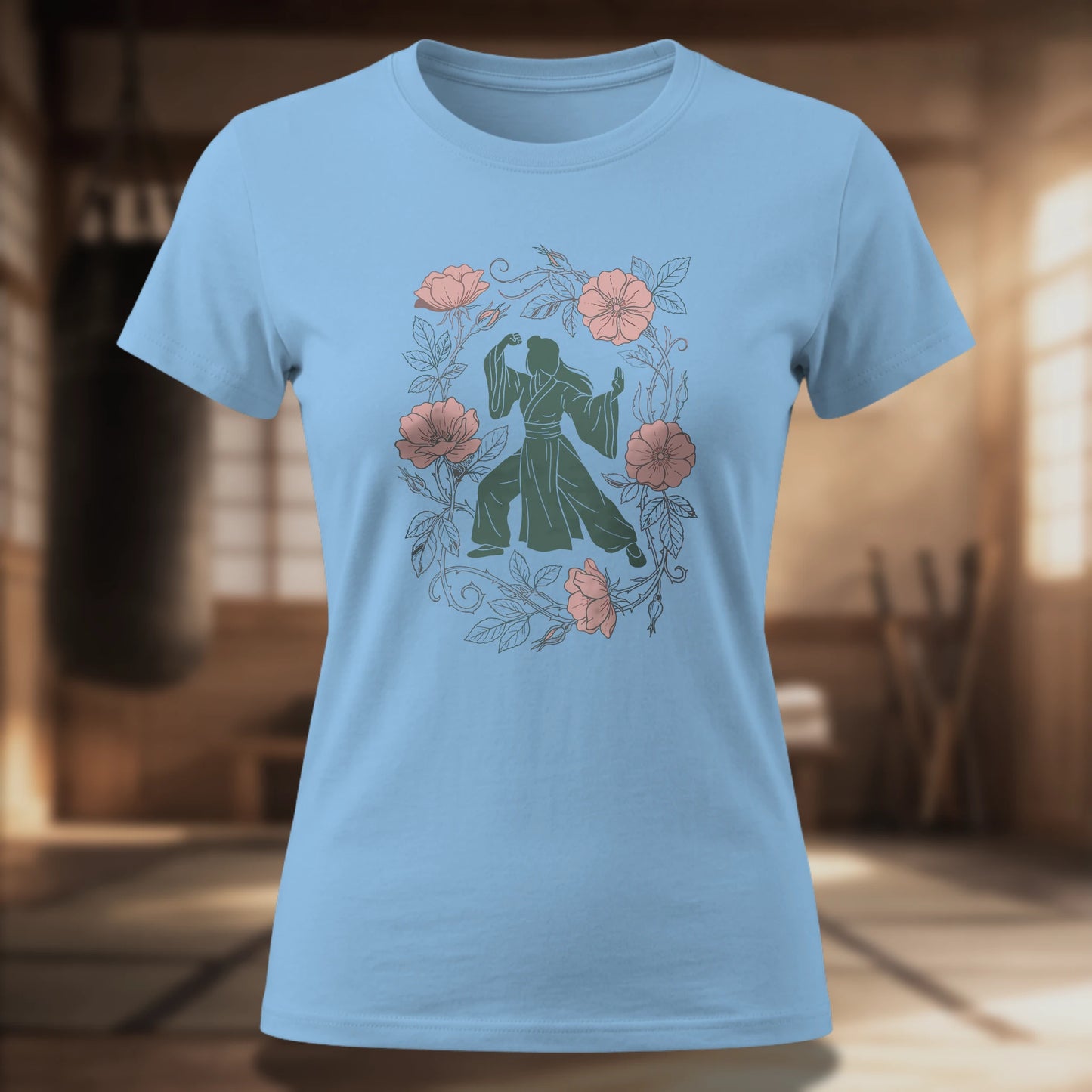 Rose Fighter Women's Tee — Floral Martial Arts Silhouette