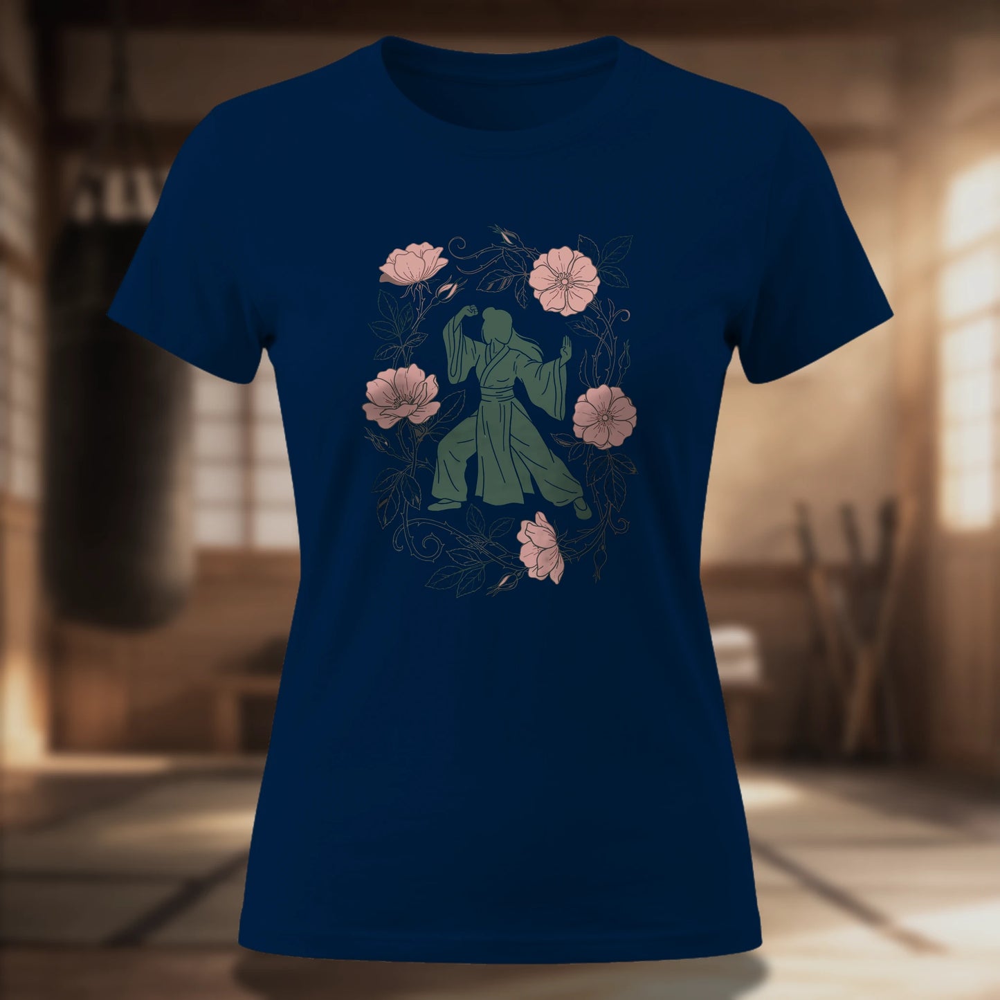 Rose Fighter Women's Tee — Floral Martial Arts Silhouette