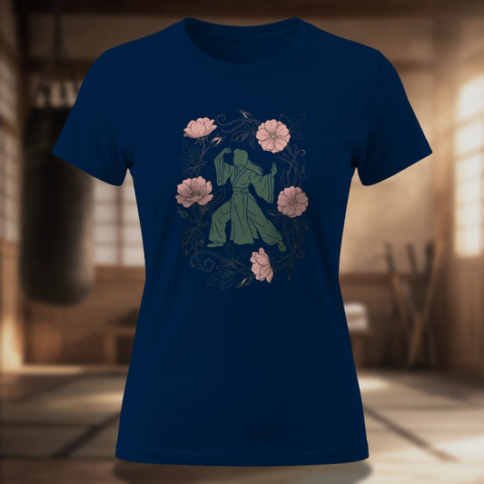 Rose Fighter Women's Tee — Floral Martial Arts Silhouette